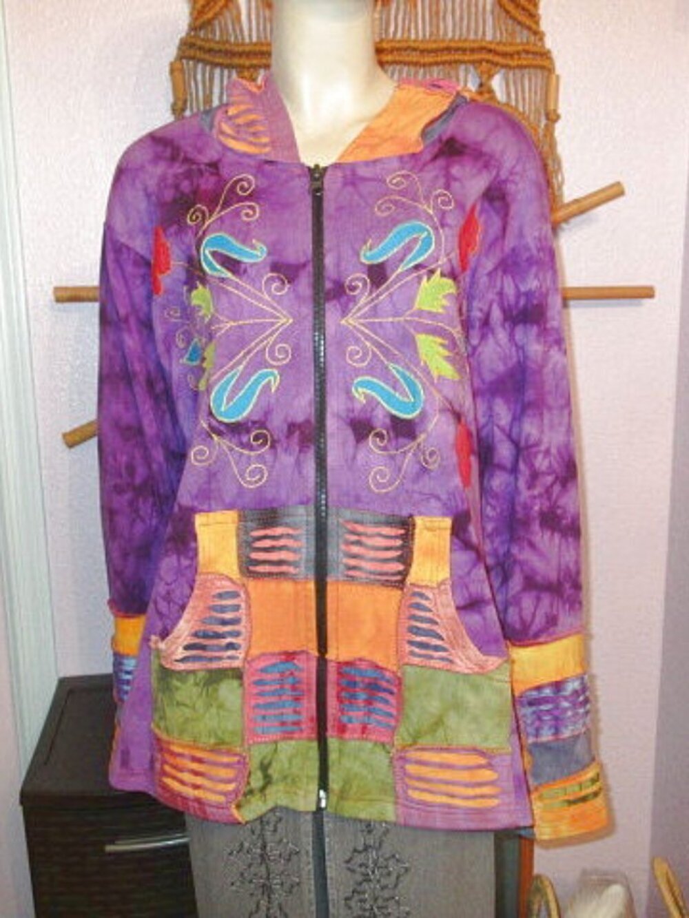 Rising International Jacket Size XXL Patchwork Embroidered Hoodie Hippie Boho